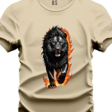 Imagem de Camiseta Personalizada Leão Sobre Fogo Do P ao Plus - Hs, Bege, G2