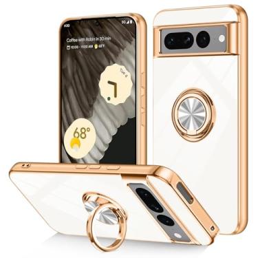 Imagem de Dinick Capa para Google Pixel 7 Pro com suporte de anel, capa banhada a ouro TPU macio, antiarranhões, proteção à prova de choque, fina, capa com suporte magnético para Google Pixel 7 Pro, branca
