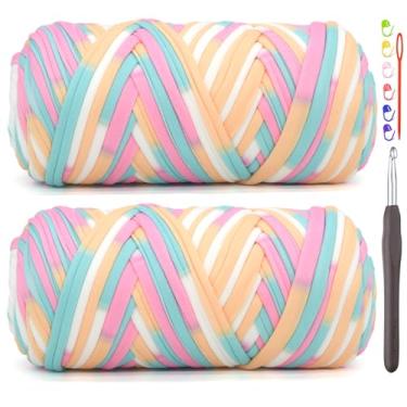 Imagem de Pacote com 2 camisetas para crochê, camiseta arco-íris, tecido elástico grosso, fio de crochê para iniciantes, bolsa de tricô à mão, cesta/porta-copos / artesanato faça você mesmo/decoração de casa 2