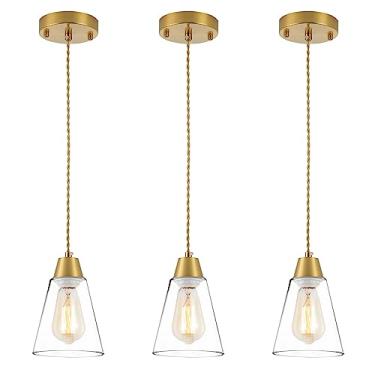 Imagem de MWZ Pacote com 3 lâmpadas pendentes douradas, ilhas de cozinha, luminária de sala de jantar sobre mesa com sombra de vidro transparente, mini lustres modernos, cordão ajustável para pendurar na pia