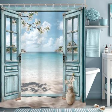 Imagem de Riyidecor Cortina de chuveiro azul para porta de celeiro oceano, litoral, litoral, casa de fazenda, flor rústica, flor, floral, botânica, madeira 152 x 182 cm, decoração de tecido, banheiro, poliéster