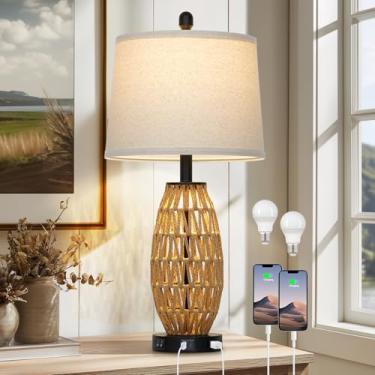 Imagem de CINSARY Abajur de mesa boho de vime de 68,5 cm com luz noturna, lâmpada de cabeceira de vime com porta de carregamento USB A+C e tomada AC, lâmpadas de quarto costeiras tecidas para mesa de cabeceira