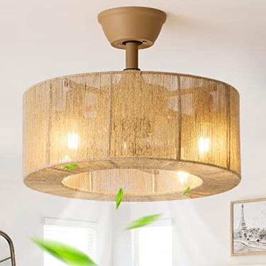 Imagem de zheshirui Boho Ventoinha de teto enjaulada com luzes, lustre de vime de 45 cm, ventiladores de teto com luz e controle remoto, 6 velocidades para quarto, cozinha, sala de jantar