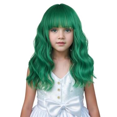 Imagem de Edivd Peruca infantil verde escura para meninas com franja de ar, ondulada, cacheada, cabelo sintético resistente ao calor com touca