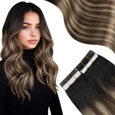 Imagem de Moresoo Extensões de cabelo humano com fita adesiva 50 cm sedoso longo liso moda balayage cor #1B/4/14 preto a marrom escuro com loiro dourado 20 peças 50G
