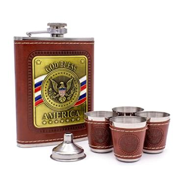Imagem de Polart - Conjunto de frascos dos EUA - Frasco de aço inoxidável com caixa de presente mais copos de shot e funil - God Bless America - Conjuntos de frascos para homens (frasco dos EUA)