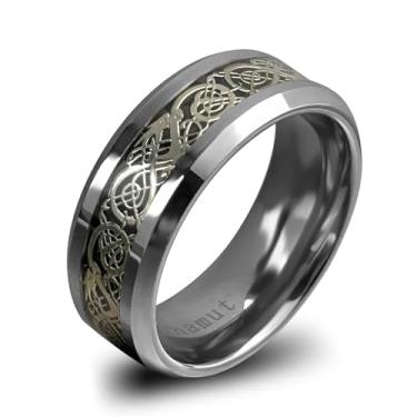 Imagem de bahamut Anel masculino de carboneto de tungstênio com dragão celta viking de fibra de carbono dourado e prata de 8 mm, ajuste confortável, para ele, Carboneto de tungstênio, Sem pedra preciosa