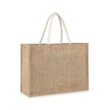 Imagem de RAINFLOW Bolsa de praia de serapilheira - Bolsa de juta com alças bolsa de praia de palha média 33 x 24 x 12 cm, bolsa reutilizável para compras, viagens, natação, perfeita como presente de dama de