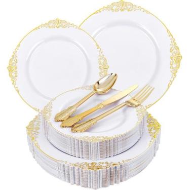 Imagem de Conjunto de louças descartáveis Joyido branco/dourado 125 unidades