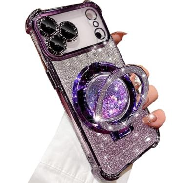Imagem de Changjia Capa com suporte líquido com glitter para iPhone Pro Max, linda luxuosa cintilante com protetor de câmera, anel fluido, suporte de TPU (poliuretano termoplástico) à prova de choque, capa