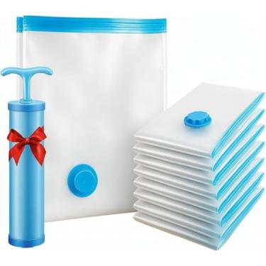 Imagem de Kit 10 Sacos a Vácuo para Roupas 80x100cm 60x80cm 50x70cm 40x60cm com Bomba Manual – Organização e Economia de Espaço – Reutilizáveis, Vedação Forte, Ideal para Viagens e Guarda-Roupas