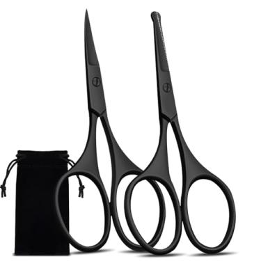 Imagem de Tesoura de pelos faciais para homens e mulheres - sobrancelha, cabelo do nariz, barba, cílios, bigode, kit de aparar pelos da orelha, pontas de segurança curvas e arredondadas - 2 peças, preto