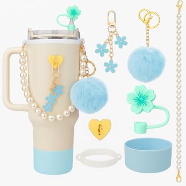 Imagem de Kit de 7 Acessórios para Copo Térmico Tipo Stan – Enfeites para Copo termico, Chaveiro, PomPom, Pingente Flor, Alca de Pérola, Protecao de silicone,Suporte, COPO NAO INCLUSO (Azul)