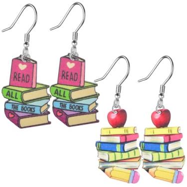 Imagem de 2 pares de brincos empilháveis de madeira engraçados com pingente de lápis empilháveis pilha de livros de leitura maçã volta às aulas brincos ganchos para bibliotecário professor estudante joia