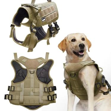 Imagem de Peitoral tático para cães grandes, sem puxão, ajustável, resistente, com alça de controle e molle, colete para cães de serviço militar para treinamento, caminhada e caça (cáqui, grande)