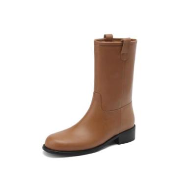 Imagem de TinaCus Botas femininas feitas à mão de couro genuíno sem cadarço, bico redondo, salto grosso, cano médio, Marrom, 36