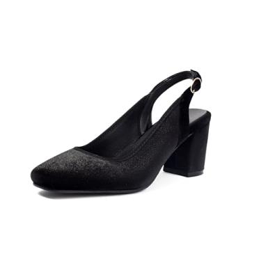 Imagem de PIVAPAM Sapatos femininos slingback salto grosso anos 1950 bico fechado Mary Jane sapatos sapatos de casamento preto verde veludo fivela tira plataforma larga sapatos vestido de casamento, Preto, 35