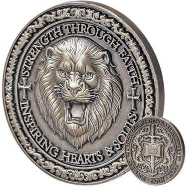 Imagem de Leafence Leão Cristão Desafio Religioso Moeda Força Através da Fé Bíblia Cruz Token Fé, Coragem e Esperança Moeda Religiosa para Homens e Mulheres, Presente Cristão Inspirador (Lion Prata Antigo - 1