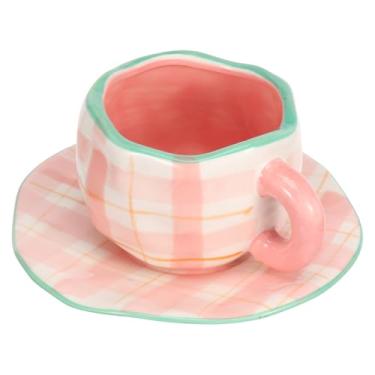 Imagem de kaimenhong Caneca de café de cerâmica com conjunto de pires, copo de arte com leite irregular, caneca de chá de cerâmica de 300 ml, xícara de café de chá de porcelana estética vintage com alça, xícara