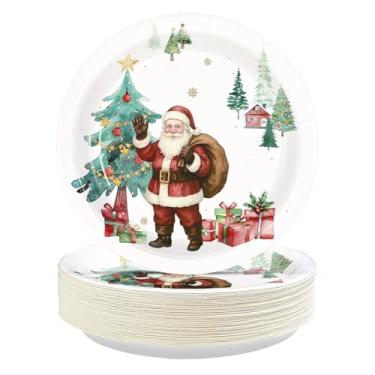 Imagem de Grencian 50 peças, pratos de papel de Natal, 25,4 cm, grandes, descartáveis, resistentes, árvores de Natal, Papai Noel, bandeja de decoração de inverno, verde, vermelho, prato de sobremesa para