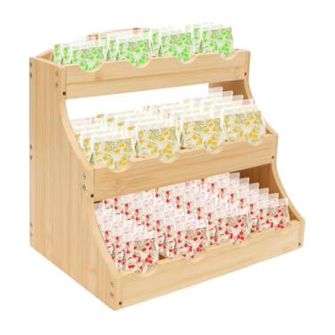 Imagem de Organizador de saquinhos de chá de madeira de 3 níveis, caixa de saquinho de chá de café de grande capacidade, organizador de saquinhos de chá para armário com divisor ajustável para bancada, armário