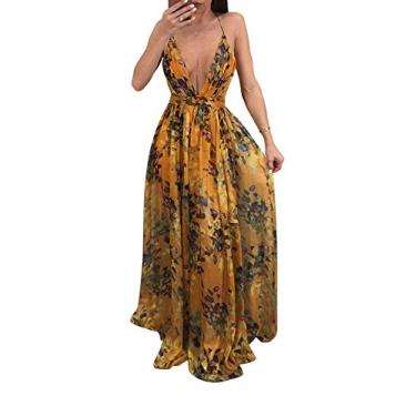 Imagem de Remelon Vestido longo feminino sexy com alças finas, decote V profundo, floral, cruzado, costas nuas, chiffon, praia, festa, maxi, Laranja, G