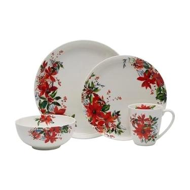Imagem de Mikasa Conjunto de louça de inverno Poinsétia Holiday Bone China leve resistente a lascas, serviço para 4 pessoas