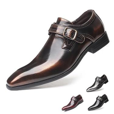 Imagem de Sapato social masculino de couro, bico fino, moderno, estilo inglês, fivela de metal ajustável, decoração de gancho e laço, salto bloco sem cadarço, formal, negócios, casamento, oxford, mocassim