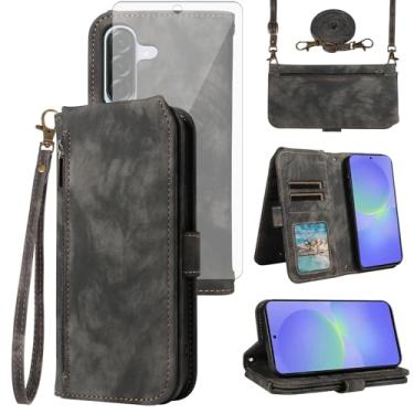 Imagem de Asuwish Capa de celular para Samsung Galaxy A56 5G carteira celular com protetor de tela de vidro temperado alça transversal alça flip zíper suporte para cartão de crédito slot para dinheiro A 56 56A