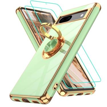 Imagem de Gritup Capa para Google Pixel 7A | 2 peças protetoras de tela | Suporte magnético de rotação de 360° | Revestimento dourado macio TPU protetor básico para Pixel 7A verde ervilha
