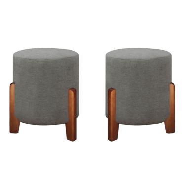 Imagem de 2 Puff Decorativo Luna Redondo Tecido Linho Pé De Madeira Cinza
