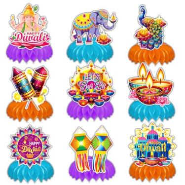 Imagem de Diwali Decorações de festa centros de mesa de favo de mel, 9 peças de centro de mesa Happy Diwali para decoração de mesa Happy Diwali, 3D, elefantes, calêndula, castiçal, lembrancinhas de festa em