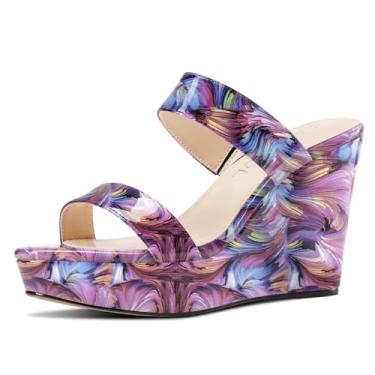 Imagem de Aachcol Sandálias femininas sem cadarço plataforma plataforma bico aberto salto alto duas tiras plataforma mules slides formatura verão sapatos sociais 3,9 polegadas salto, Roxo, multicolorido, 35