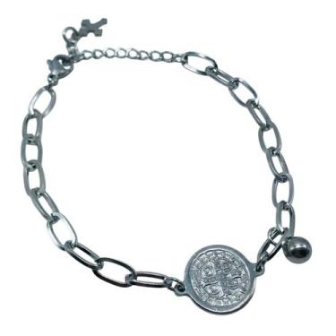 Imagem de Pulseira Medalha de São Bento Aço Inox Prateado - FORNECEDOR 23