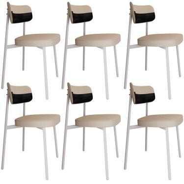Imagem de Kit 06 Cadeiras Estofada Para Sala de Jantar Astrid Branco C01 Linho Areia Courino Preto - Lyam Decor