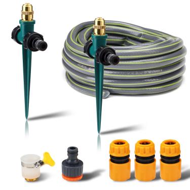 Imagem de SNOMEL Pacote com 2 aspersores de latão para quintal com base de ponta de plástico, juntamente com mangueira e conectores, irrigador automático de jardim ajustável de 360 graus, sistema de irrigação