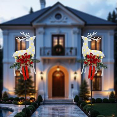 Imagem de Aombzzj 2 peças de estaca solar de Natal decorações ao ar livre estacas de jardim estacas de rena de Natal LED para jardim gramado quintal (rena) branco