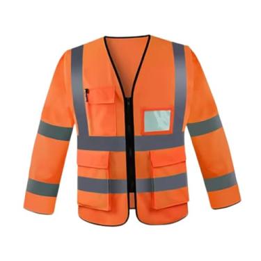 Imagem de oshhni Colete Refletivo de Alta Visibilidade Manga Longa Faixas Altamente Refletivas Versátil com Bolsos para Policiais Trabalhadores, Laranja