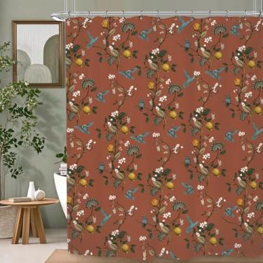 Imagem de Kalmico Cortina de chuveiro vintage flor terracota 152 cm L L L pássaro planta limão botânico laranja queimado conjunto acessórios decoração com pacote de 12 ganchos