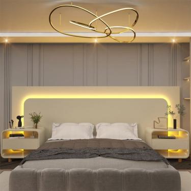 Imagem de Cabeceira Box Casal com 2 Mesas de Cabeceira com Led Innova 100% MDF Off White