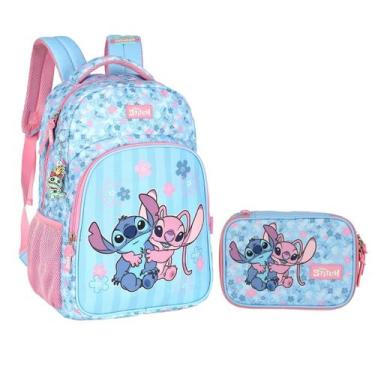 Imagem de Kit Mochila Costas Estojo Escolar Juvenil Stitch Angel ROSA - Luxcel