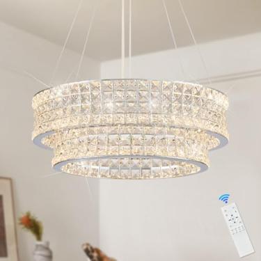 Imagem de Poemoon Lustres de cristal LED com controle remoto 50 cm luxo 2 camadas moderno lustre cromado luminária regulável para sala de jantar quarto cozinha hall de entrada 3000-6500K