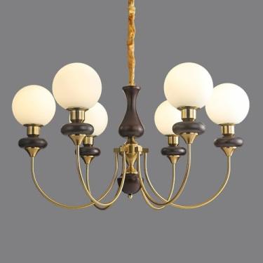 Imagem de Lustre de vidro leitoso moderno de meados do século com 6 luzes Lustre antigo de madeira Sputnik Sala de jantar Luz pendente dourada Ilha de cozinha Lâmpada suspensa francesa para quarto Sal