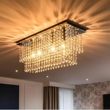 Imagem de Lustre Cristal Retangular Sala Acrílico Inox Espelhado Luxo