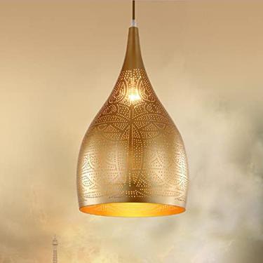 Imagem de Lustre minimalista vintage dourado, luminária de mesa de jantar, arte moderna, luminária pendente de ferro e metal com design oco para escritório, sala de estar, cozinha, café, altura ajustá