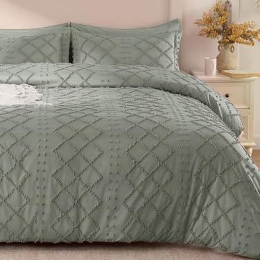 Imagem de VACVELT 5 peças de capa de edredom boho, tamanho casal, capa de edredom tufada cinza claro com zíper e 8 laços, sem edredom, roupa de cama texturizada chique para fazenda, microfibra respirável e