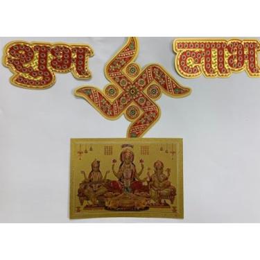 Imagem de Adesivo decorativo de parede Laxmi, Ganesh e Saraswati ji, adesivo Shubh-Labh com adesivo suástico, dourado e vermelho, padrão floral tradicional, decoração Diwali