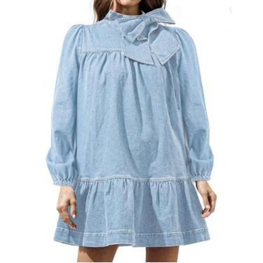 Imagem de Vestido feminino EZAPINE, jeans, puff, manga comprida, em camadas, min