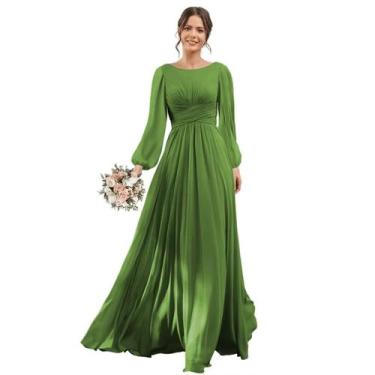 Imagem de Vestido de dama de honra YOFF, mangas compridas, verde oliva, chiffon,