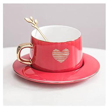 Imagem de Cuiynice caneca (empréstimo) Caneca de café porcelana com alça conjunto de micro-ondas e lava-louças caneca larga para café com leite, chá, cereais com colher de pires canecas vermelhas